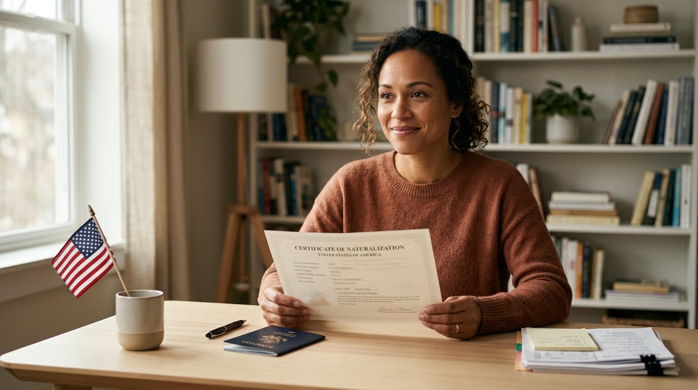 A newly naturalized U.S. citizen holding their naturalization certificate at a tidy home desk with a passport application and a small American flag nearby