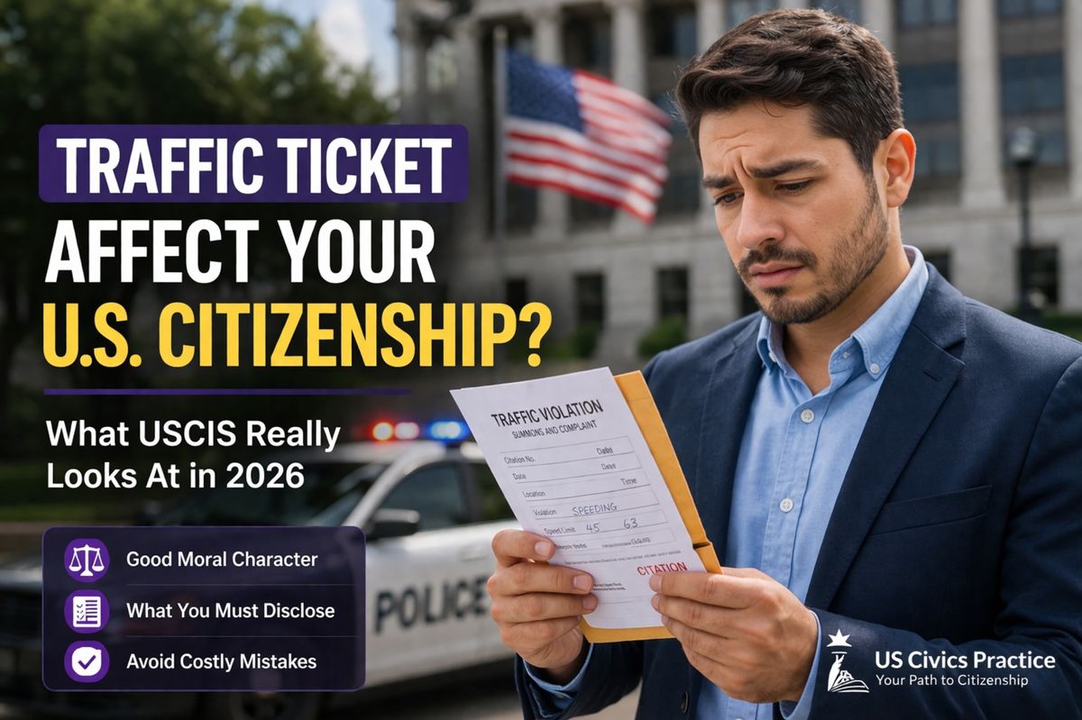 Worried person holding a traffic ticket near their car with American flag in background