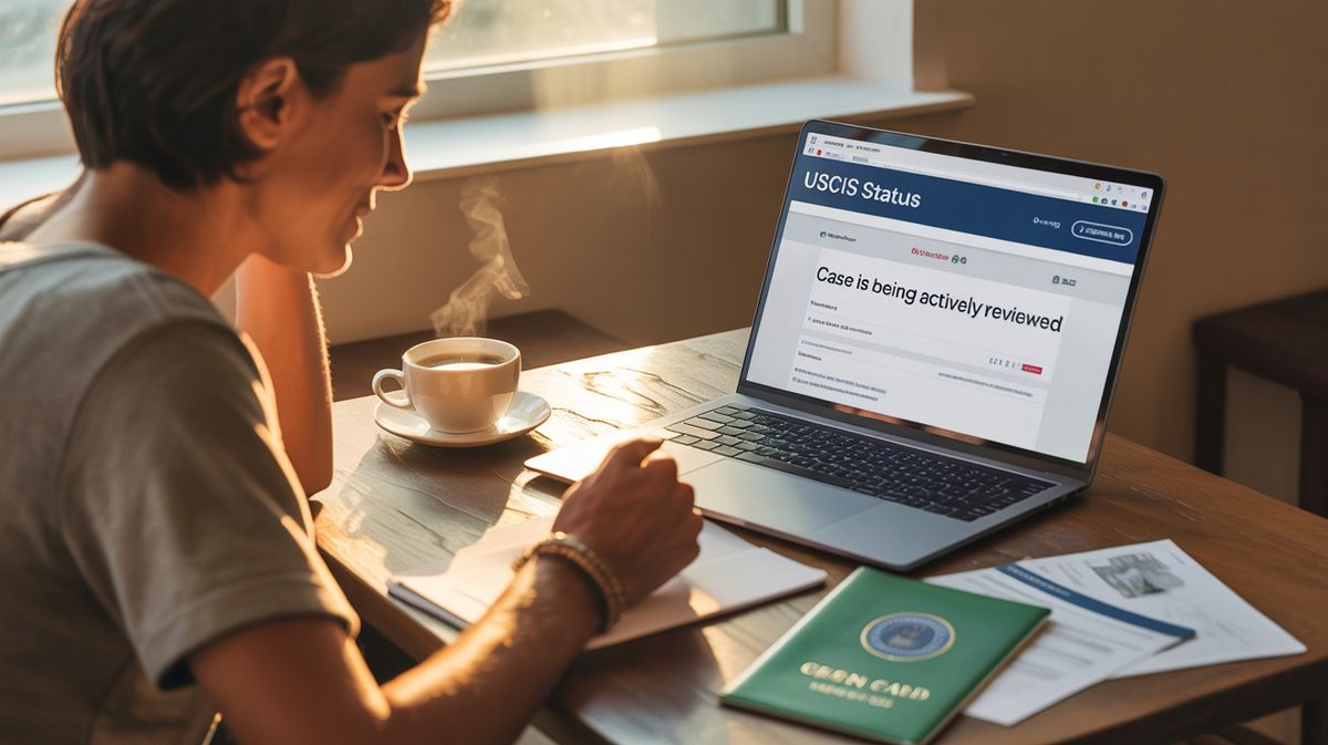 Person checking USCIS case status showing Case Is Being Actively Reviewed on laptop
