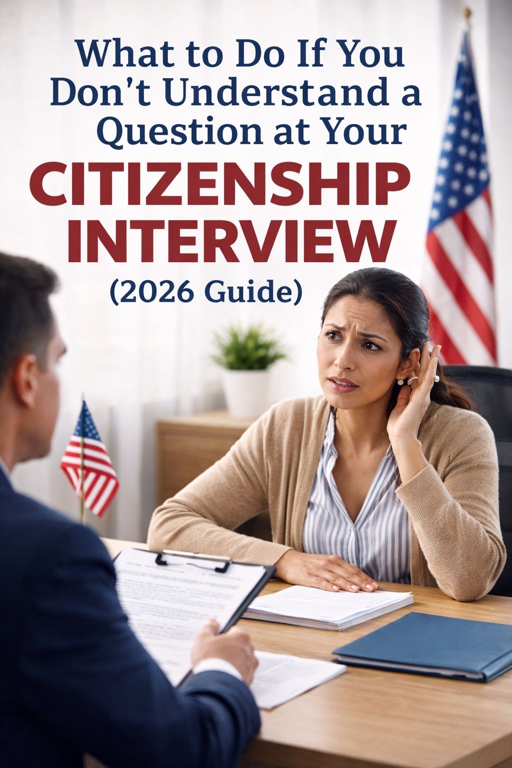 Woman at citizenship interview asking officer for clarification on a question