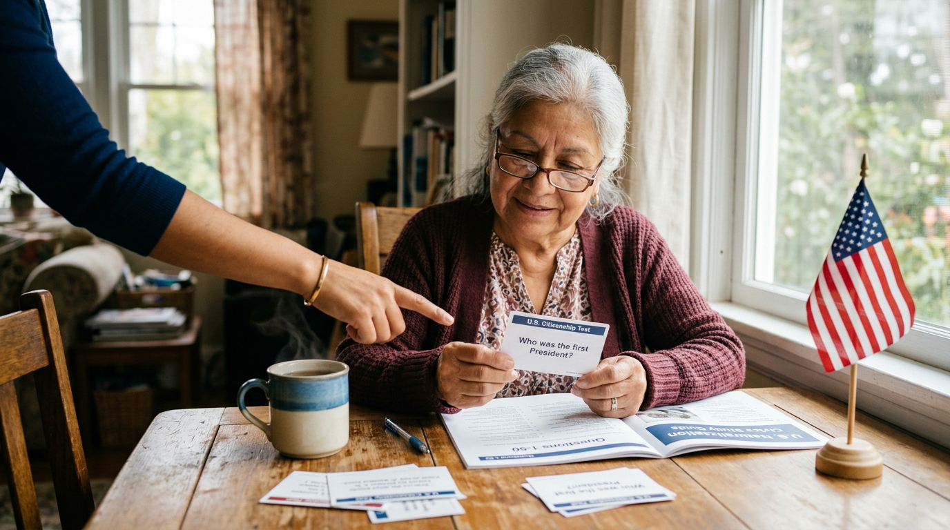 A dignified older adult studying U.S. citizenship civics flashcards at a home table with a small American flag while a family member points supportively at the study sheet