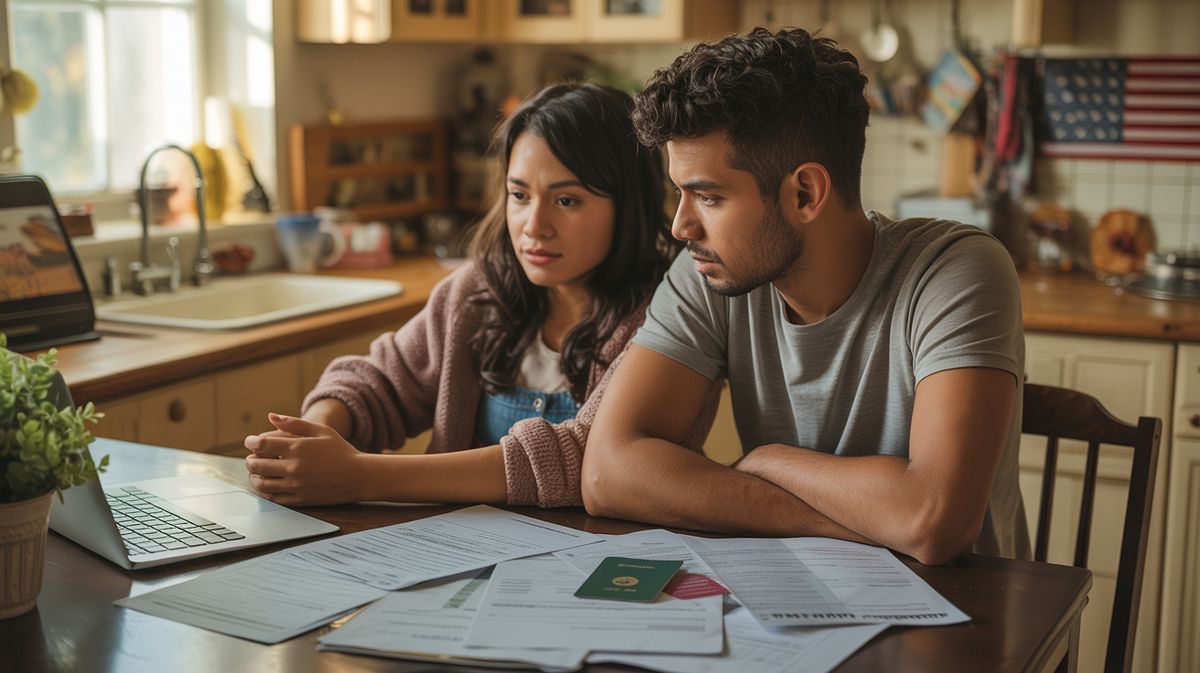 Couple reviewing immigration paperwork and green card at kitchen table while researching citizenship eligibility
