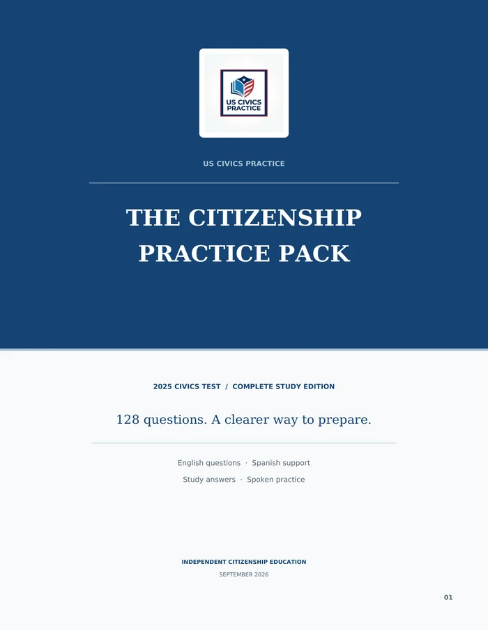 Cover of the 72-page Citizenship Practice Pack — 128 questions, complete study edition