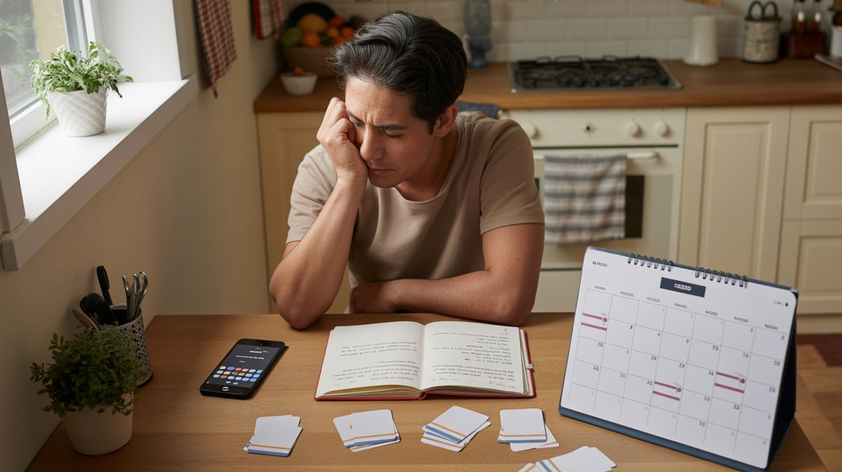 Persona estudiando las 128 preguntas del examen de ciudadanía 2026 con cuaderno, teléfono y calendario