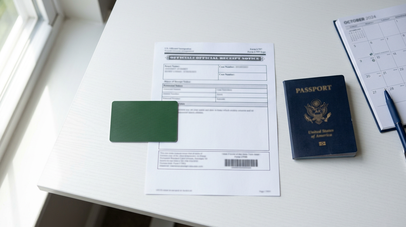 Permanent Resident Card beside a USCIS receipt notice and a passport, illustrating proof of status while an N-400 is pending