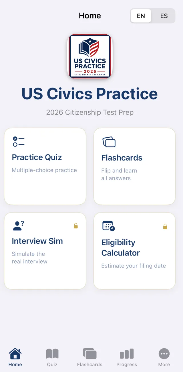 US Civics Practice app home screen showing Practice Quiz, Flashcards, Interview Simulation and the Eligibility Calculator