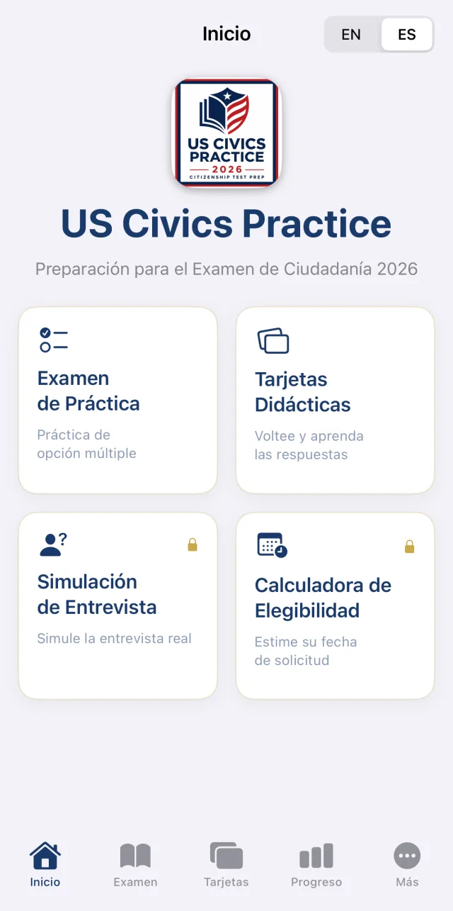 Aplicación US Civics Practice — pantalla de inicio en español con Examen de Práctica, Tarjetas Didácticas, Simulación de Entrevista y Calculadora de Elegibilidad