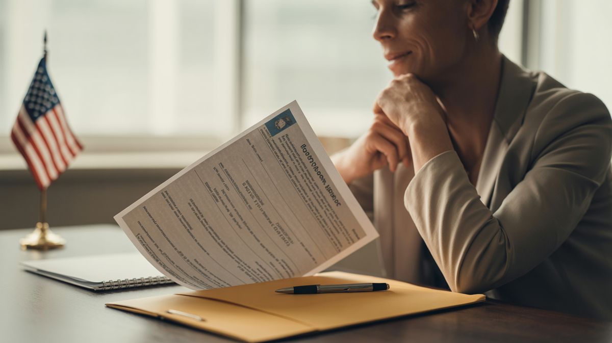 Person reviewing Form N-652 citizenship interview results with pen and American flag in background