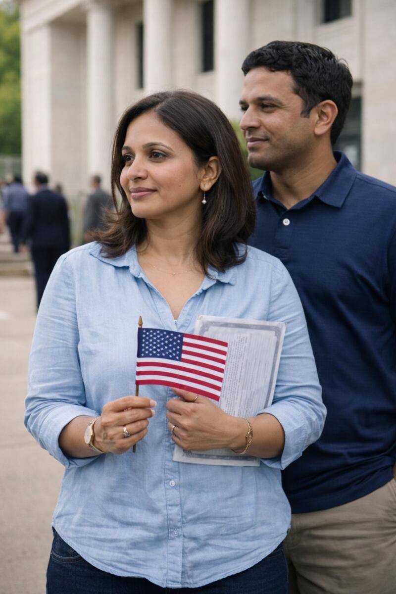 New U.S. citizen holding American flag and naturalization certificate with family after oath ceremony