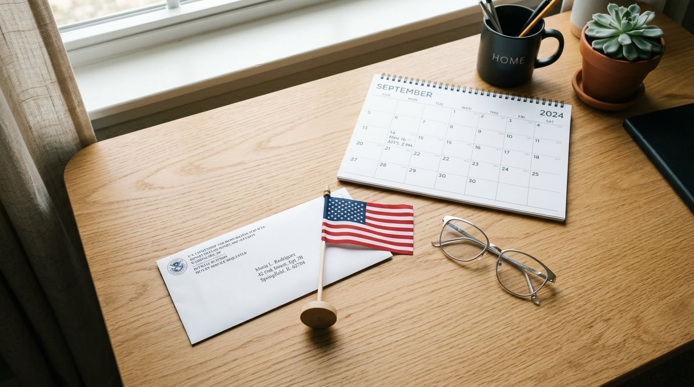 A tidy home desk in soft daylight with an official USCIS-style envelope, a small American flag, reading glasses, and a wall calendar