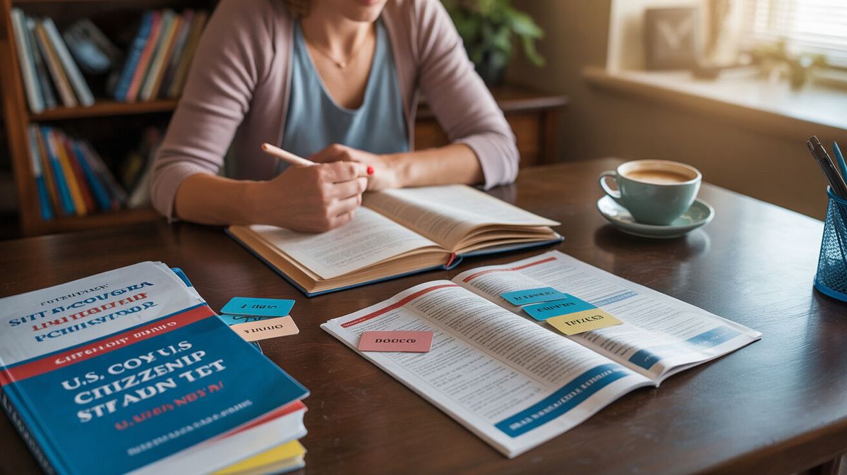 Bilingual English and Spanish citizenship test study materials on a desk