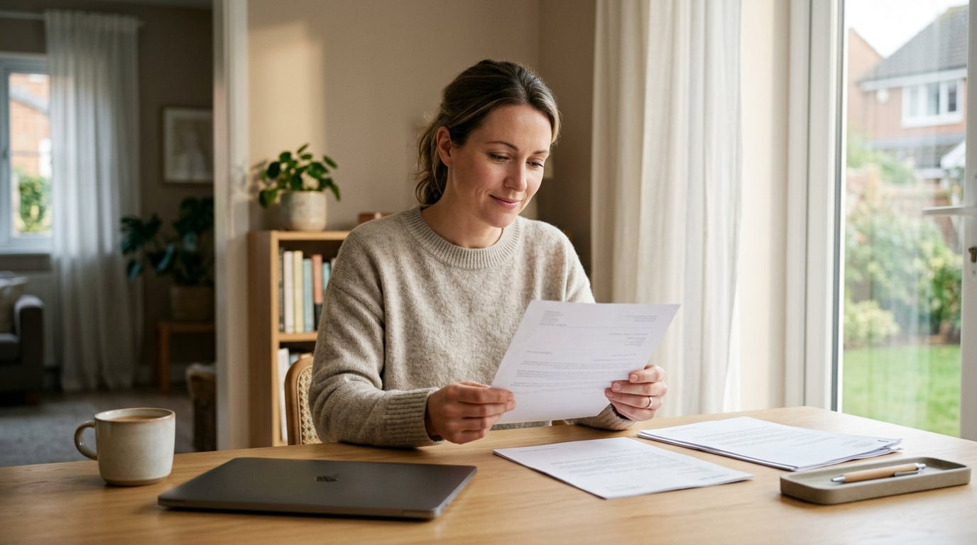 A person calmly reading an official mailed notice at a tidy home desk with organized documents nearby