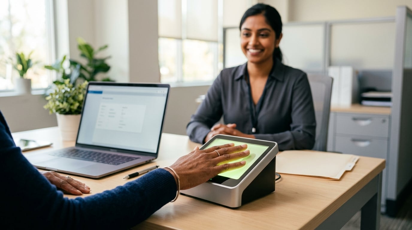 A person having their fingertips scanned on a digital fingerprint reader at a biometrics services appointment