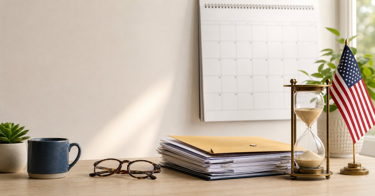 A calm home desk in soft daylight with a wall calendar, an hourglass, a small American flag, reading glasses, and citizenship paperwork, representing a USCIS case that is taking longer than expected