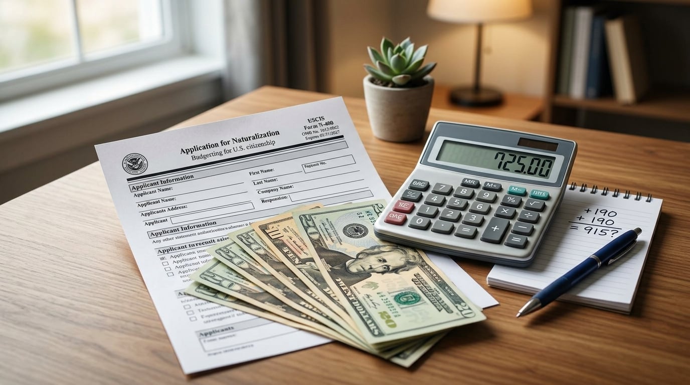 A U.S. naturalization application form on a desk next to U.S. dollar bills and a calculator, representing the cost of applying for citizenship