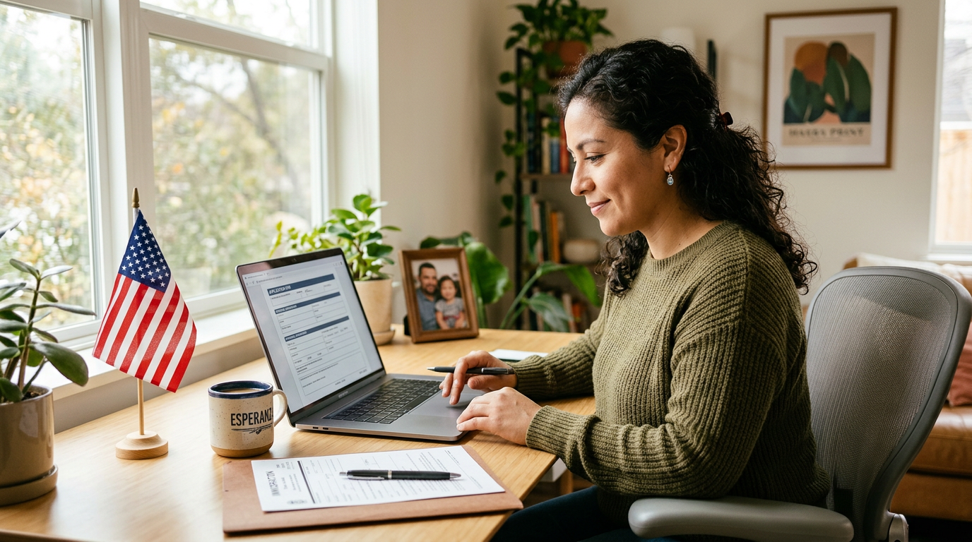 A calm applicant completing an immigration form on a laptop at a bright home desk with a small American flag and a folder of documents nearby