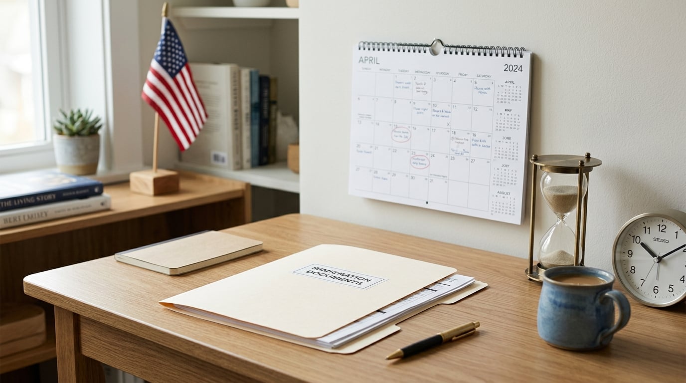 A calm, organized desk with a manila folder of immigration paperwork, a wall calendar, an hourglass, and a small American flag in soft daylight