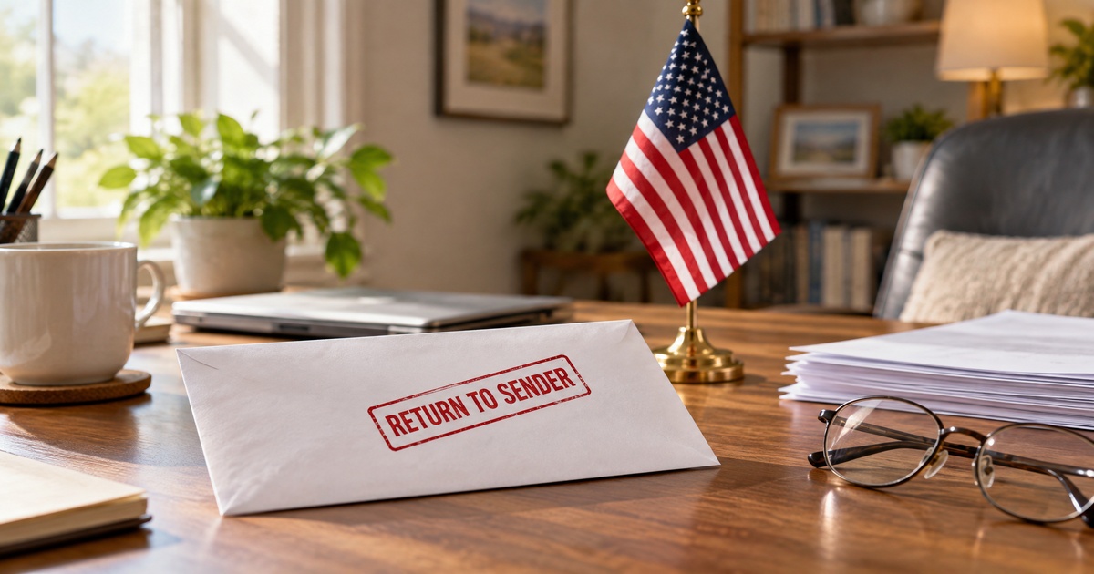 A calm home desk in soft daylight with a returned envelope marked return to sender, a small American flag, reading glasses, and citizenship paperwork, representing a USCIS notice that came back as undeliverable
